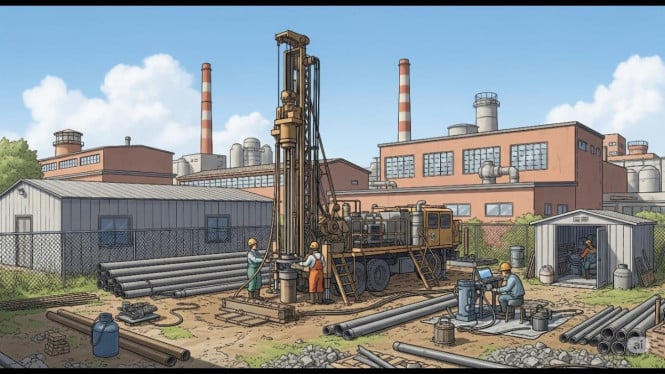 Ilustrasi pengeboran sumur di lingkungan pabrik