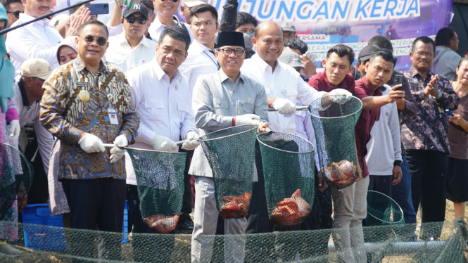 Mendes Yandri dan Bupati Sudwo menjaring ikan di tambak wilayah Pati.