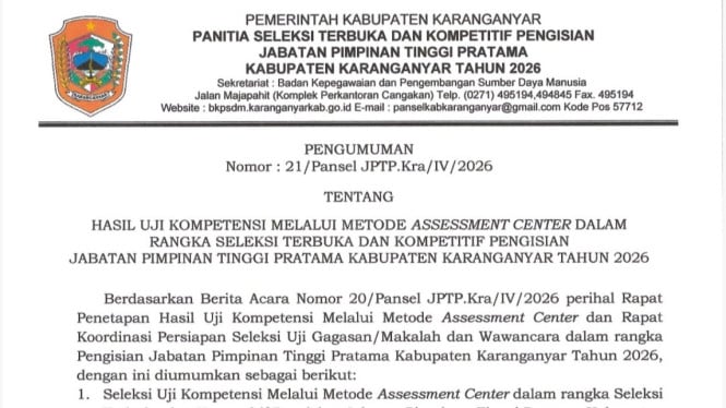 Dokumen hasil seleksi JPT Pratama Karanganyar 2026 yang beredar di grup whatsapp ASN