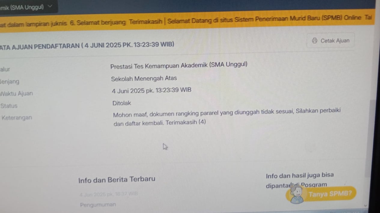 SPMB jalur prestasi di Lampung ditolak dalam pendaftaran online.