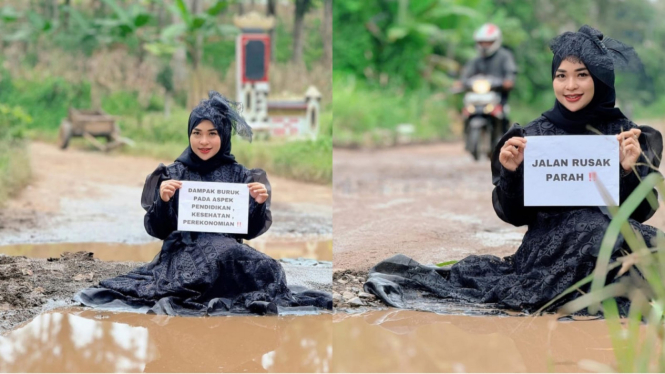 Pose Ummu Hani di jalan rusak