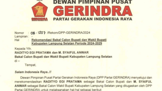 Tangkap layar Surat rekomendasi DPP Gerindra.