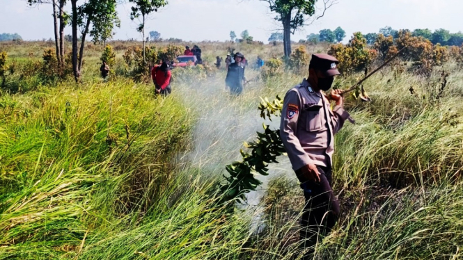 Petugas memadamkan karhutlan di kawan hutan Way Kambas.