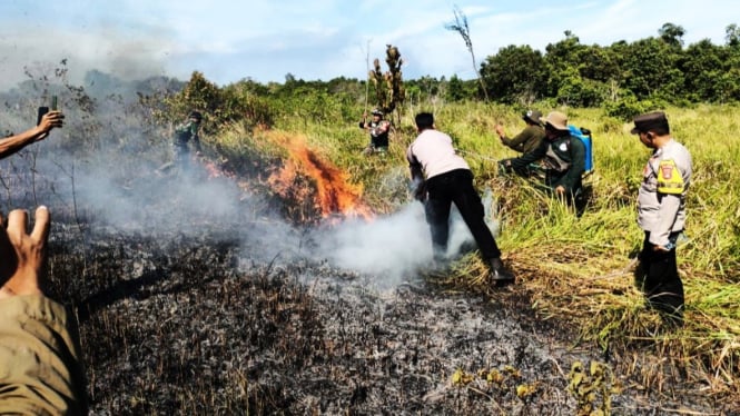 Petugas memadamkan kebakaran lahan di TNWK Lampung.