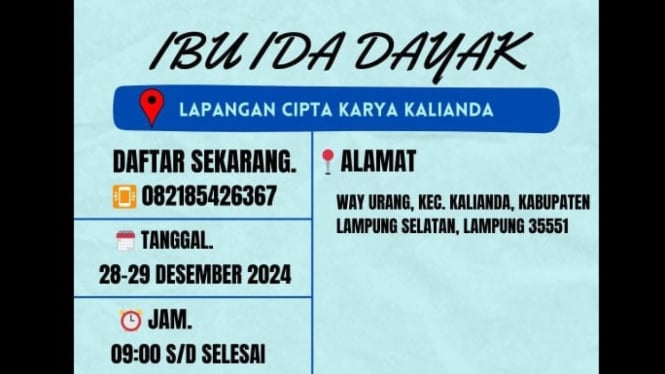 Pengumuman pengobatan Ida Dayak hadir di Lampung Selatan.