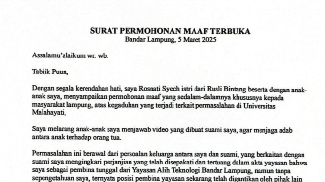 Surat permintaan maaf Rosnati Syech kepada masyarakat Lampung.