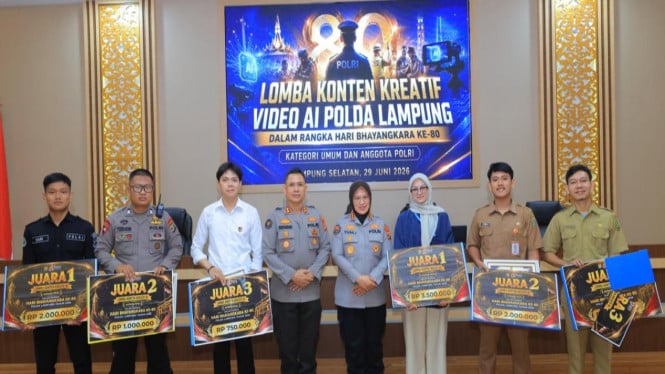 Polda Lampung umumkan pemenang lomba video AI dalam rangka menyambut Hari Bhayangkara.