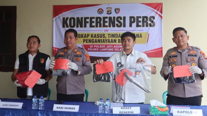 Polres Lampung Selatan tangkap pelaku pembacokan driver ojek konvensional di Jati Agung.