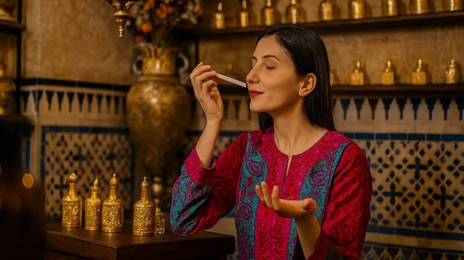 Ilustrasi wanita mencium parfum