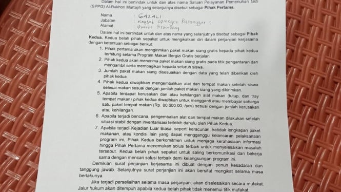 Diduga surat perjanjian SPPG dengan sekolah