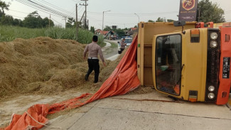 Truk Muatan Jerami Terguling di Jombang, Muatan Sempat Tutup Jalan
