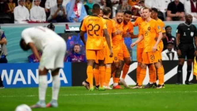 Timnas Belanda merayakan gol di Piala Dunia 2022