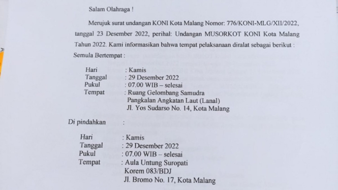Beredar surat Musorkot KONI Kota Malang batal digelar di Lanal Malang