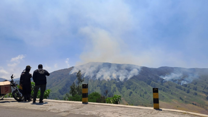 Petugas melihat kondisi kebakaran Gunung Bromo