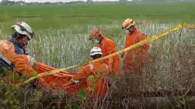 Evakuasi mayat tanpa kepala di saluran irigasi pertanian.