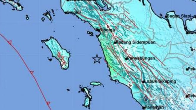 Episentrum gempa magnitudo 6.4 yang mengguncang Kota Padangsidimpuan.