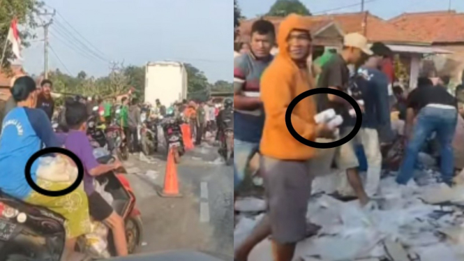 Aksi warga menjarah susu kaleng akibat truk pengangkut kecelakaan.