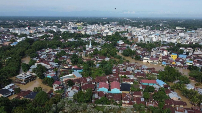 Penampakan dari udara Kota Binjai terendam banjir.