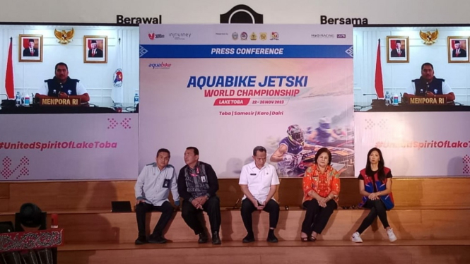 Menpora Dito Ariotedjo berikan keterangan secara daring pada konferensi pers Aquabike Jetski World Championship Danau Toba 2023.