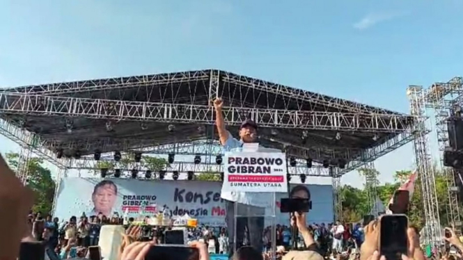 Capres Prabowo Subianto sampaikan orasi pada kampanye akbar di Stadion Baharoeddin Siregar Lubukpakam.