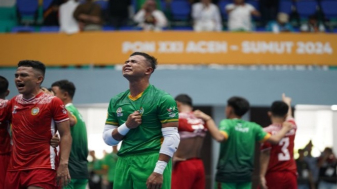 Kiper futsal Sumut, M Zaki Hermansyah emosioanl usai menang atas Sulawesi Barat.