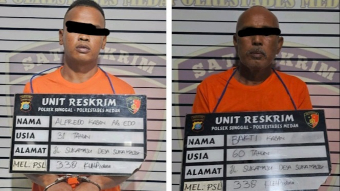 Ayah dan anak pelaku pembunuhan seorang wiraswasta di Dusun II Desa Sukamaju, Kecamatan Sunggal, Kabupaten Deliserdang.