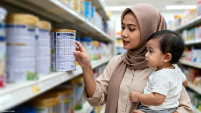 Seorang ibu sedang melihat komposisi nutrisi pada kemasan produk.