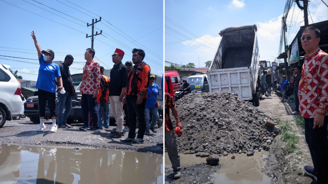 Ketua PDIP Kota Medan, Hasyim, SE saat meninjau Jalan Veteran Pasar IX, Kabupaten Deli Serdang.