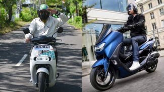 Pengendara motor listrik (kanan), pengendara motor bensin (kiri). Pengendara motor listrik (kanan), pengendara motor bensin (kiri).