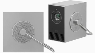 Proyektor Mini LG CineBeam Qube tampak depan dan samping. Proyektor Mini LG CineBeam Qube tampak depan dan samping.
