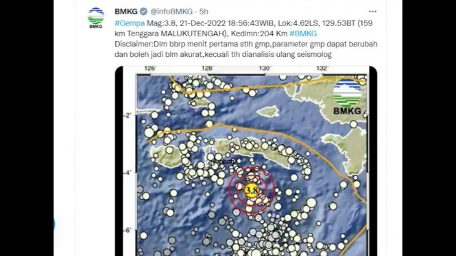 Tweet @infoBMKG terkait gempa di Maluku Tengah.