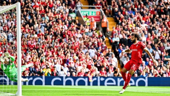 Mo Salah saat cetak gol ke-187 dalam laga Liverpool vs Bournemouth.