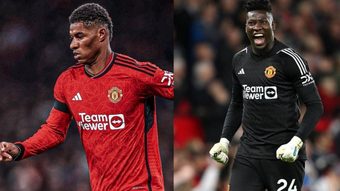 Marcus Rashford dan Andre Onana pemain Manchester United.