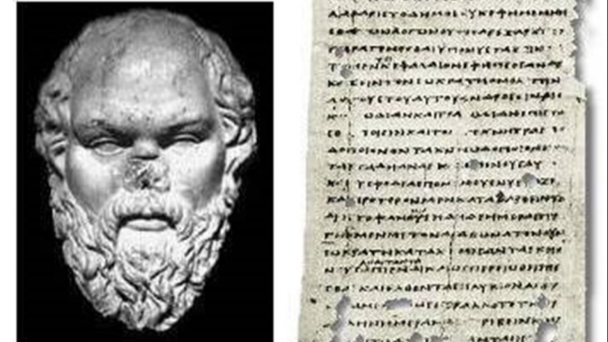 Ilustrasi patung Plato dan nashkah Apology karyanya.