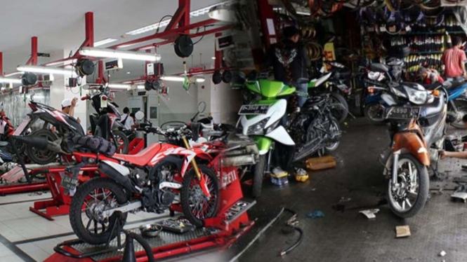 Ilustrasi Servis di Bengkel Resmi vs Bengkel Pinggir Jalan.