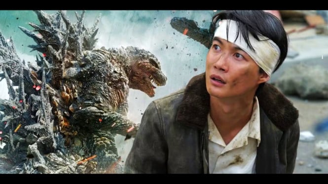 Koichi Shikishima menatap kehancuran akibat Godzilla.