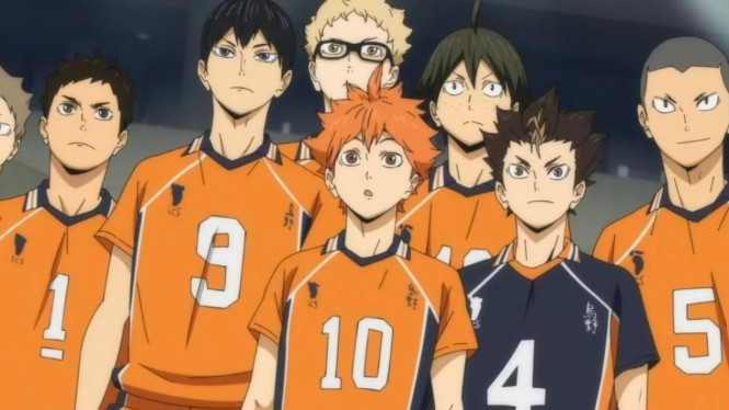 Hinata Shoyo (tengah) bersama tim Karasuno