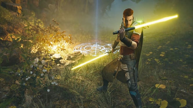 Cal Kestis, Survivor Jedi yang menggunakan dua lightsaber kuning.