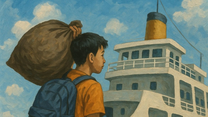 Ilustrasi anak pergi merantau naik kapal