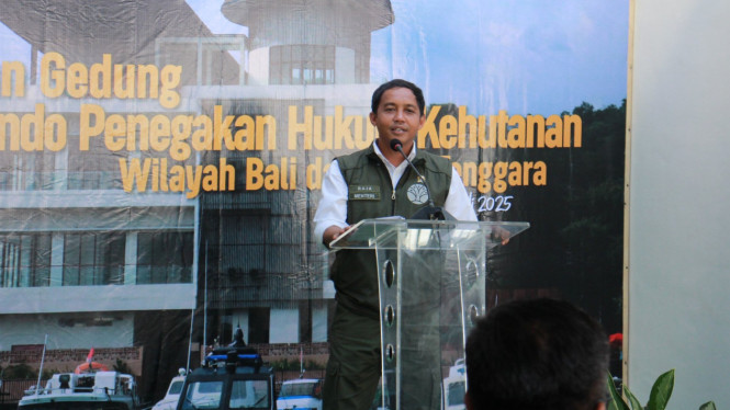 Menteri Kehutanan Raja Juli Antoni pada saat peresmian Gedung Pusat Komando Penegakan Hukum Kehutanan Wilayah Bali dan Nusa Tenggara, Senin, 7 Juli 2025.