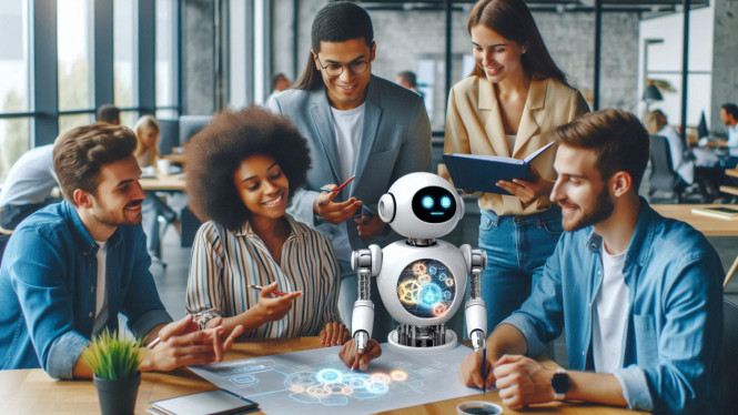 Karyawan kerja kolaborasi dengan teknologi AI.