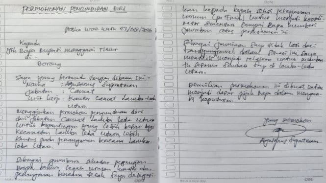 Surat pernyataan mengundurkan diri Camat Lamba Leda Utara Agustinus Supratman