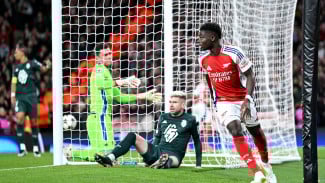 Bukayo Saka usai menjebol gawang Monaco