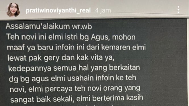 Beredar Pesan Istri Agus Salim ke Teh Novi