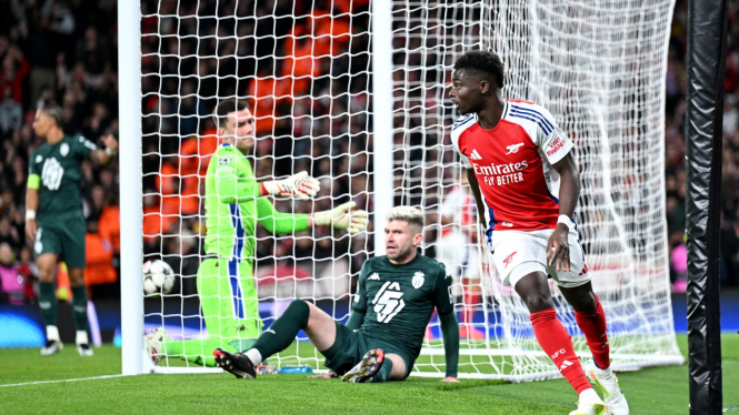 Bukayo Saka usai menjebol gawang Monaco