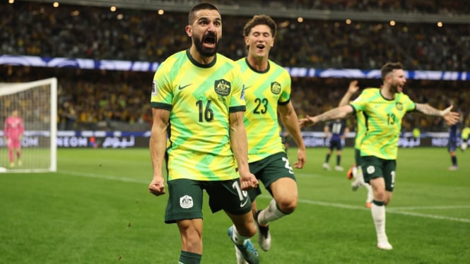 Selebrasi gol Azis Behich, Australia 1-0 Jepang, Juni 2025