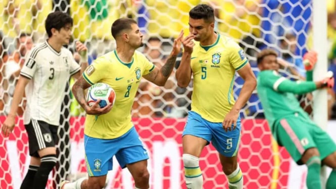 Selebrasi gol Casemiro usai membawa Brasil menyamakan skor melawan Jepang di Piala Dunia 2026