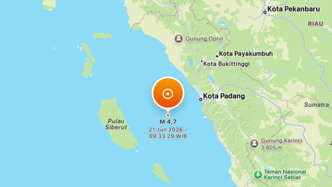 Gempa bumi magnitudo 4,7 berpusat di barat daya Kota Padang pada Minggu (21/6/2026) sekitar pukul 09.33 WIB, dipicu sesat Mentawai