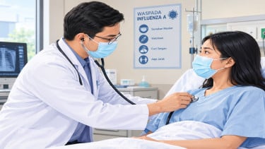 Ilustrasi seorang dokter tengah memeriksa pasien influenza tipe A.