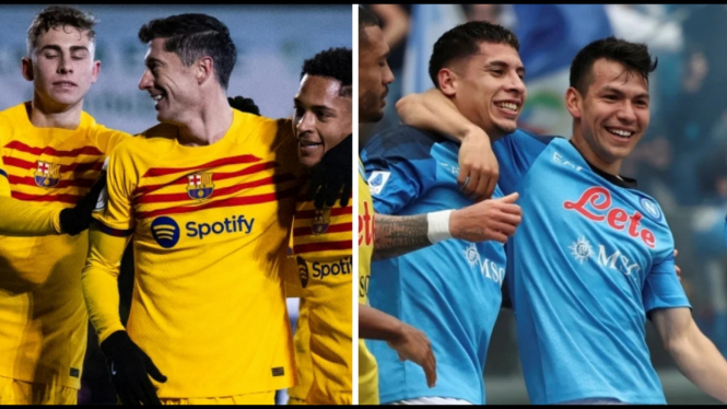 Pemain Barcelona dan Napoli merayakan gol.